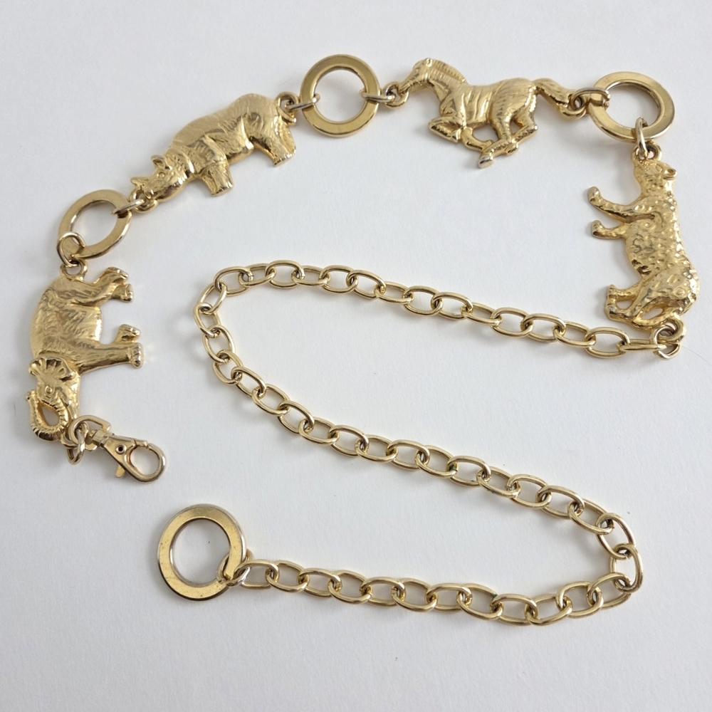 Vintage 80s Gold Tone Metal Animals / Elephant Zebra Rhino Cheetah / Chain Belt - Picture 4 of 10